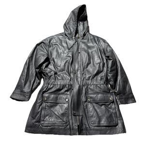 VTG Mob Wife Y2K Fur Lined Hood Leather Parka Jacket 90s Russian NYC Noir Sz 1X